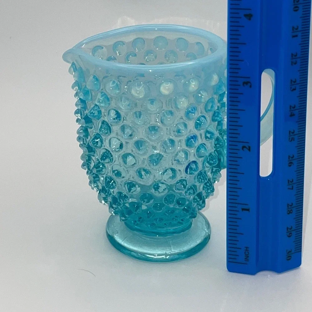 Fenton Turquoise Opalescent Hobnail Glass Mini Creamer Pitcher Vintage 3.5 Inch